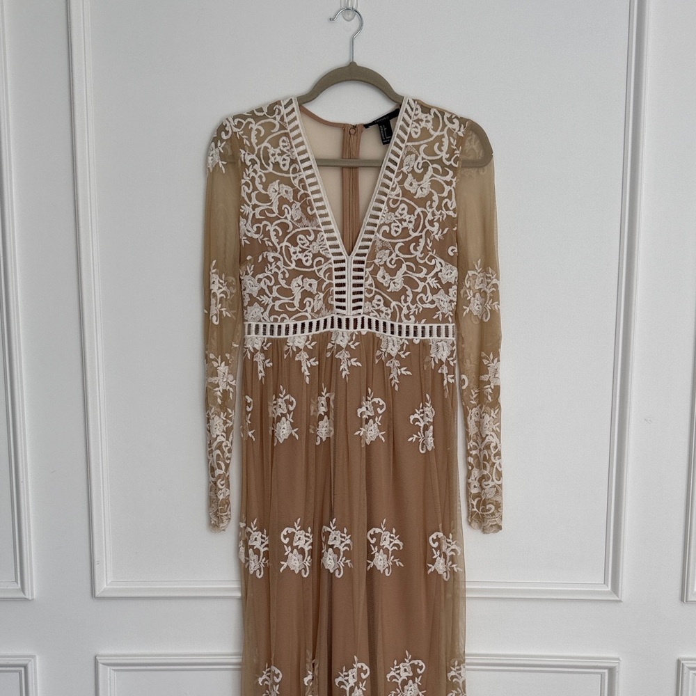 Forever 21 Camel Long Sleeve Embroidered V-Neck Dress with White Lace